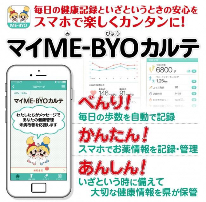 「マイME-BYO(みびょう)カルテ」毎日の健康記録といざというときの安心をスマホで楽しくカンタンに!べんり!毎日の歩数を自動で記録。かんたん!スマホでお薬情報を記録・管理。あんしん!いざという時に備えて大切な健康情報を県が補完。